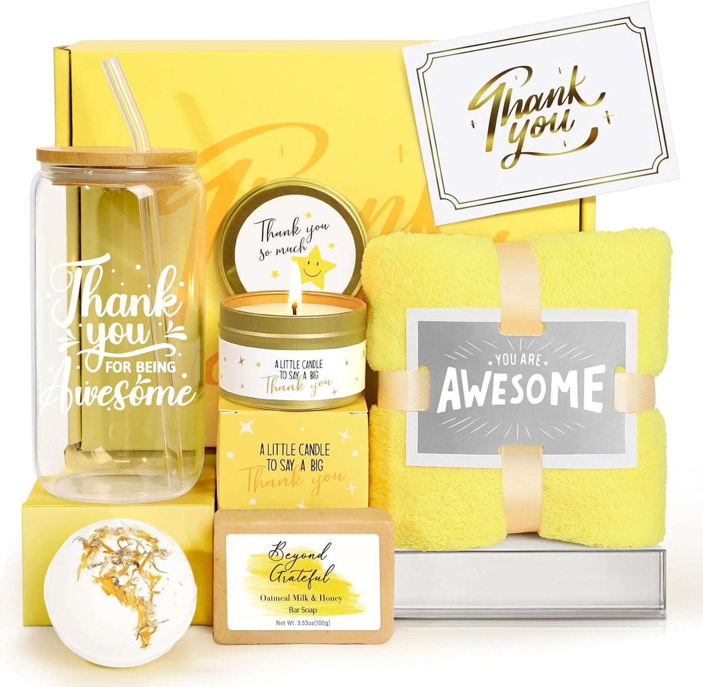 Thank You Gifts for Women, 10PCS Employee Appreciation Gifts for Women Coworkers Teacher Nurse Secretary Boss Friend, Thank You Box with Glass Cup Notebook Cards, Yellow