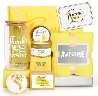 Thank You Gifts for Women, 10PCS Employee Appreciation Gifts for Women Coworkers Teacher Nurse Secretary Boss Friend, Thank You Box with Glass Cup Notebook Cards, Yellow