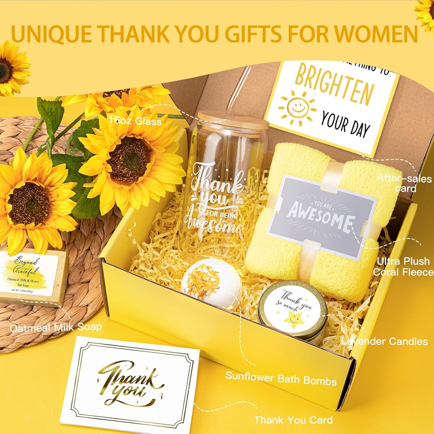 Thank You Gifts for Women, 10PCS Employee Appreciation Gifts for Women Coworkers Teacher Nurse Secretary Boss Friend, Thank You Box with Glass Cup Notebook Cards, Yellow