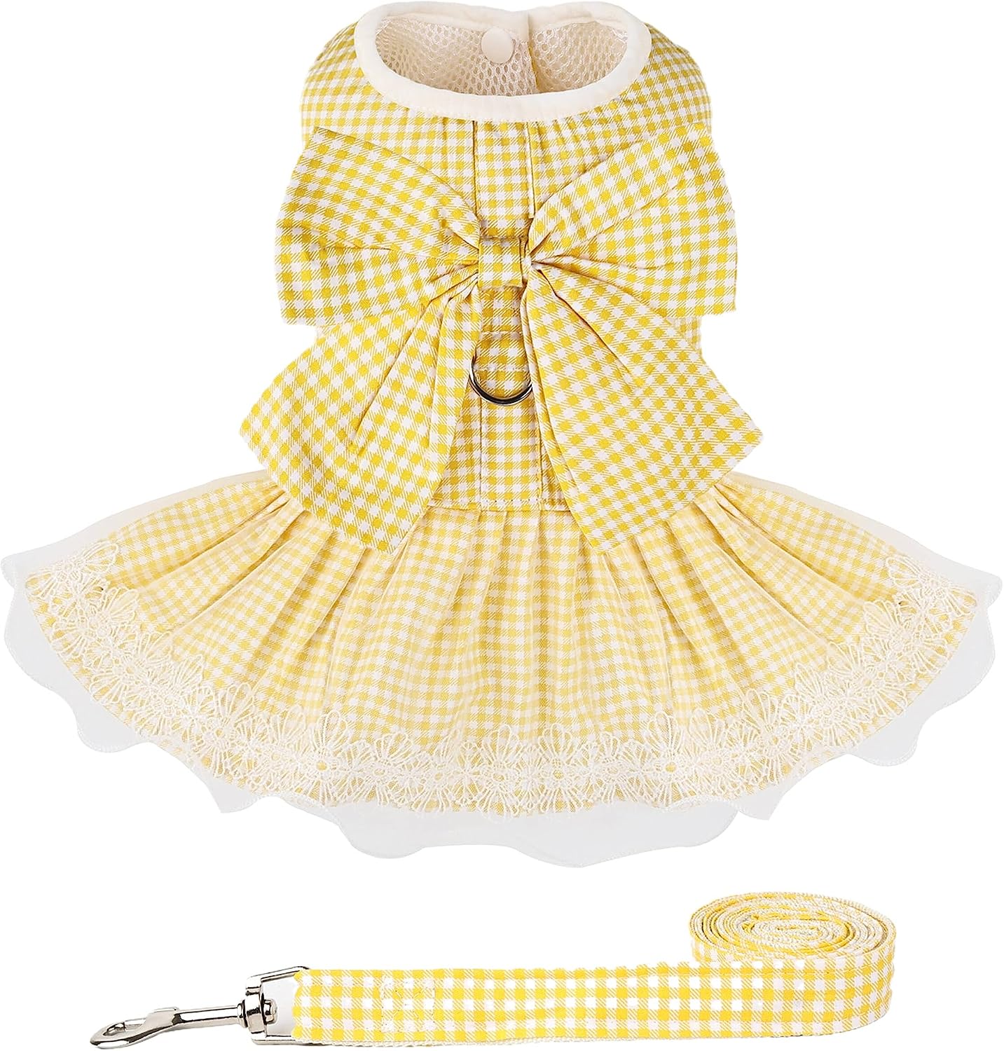 Dog Dress Plaid with Bowknot Cute Dress for Small Dog Cat Puppy Outfits with Harness Leash（ Yellow，X-Large ）