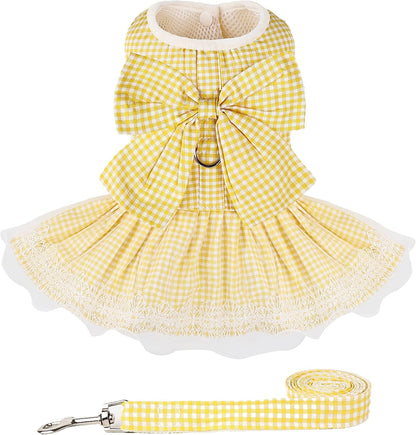 Dog Dress Plaid with Bowknot Cute Dress for Small Dog Cat Puppy Outfits with Harness Leash（ Yellow，X-Large ）