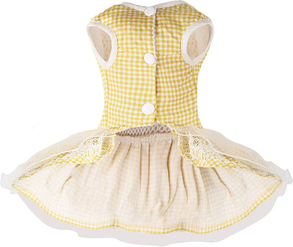 Dog Dress Plaid with Bowknot Cute Dress for Small Dog Cat Puppy Outfits with Harness Leash（ Yellow，X-Large ）