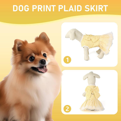 Dog Dress Plaid with Bowknot Cute Dress for Small Dog Cat Puppy Outfits with Harness Leash（ Yellow，X-Large ）