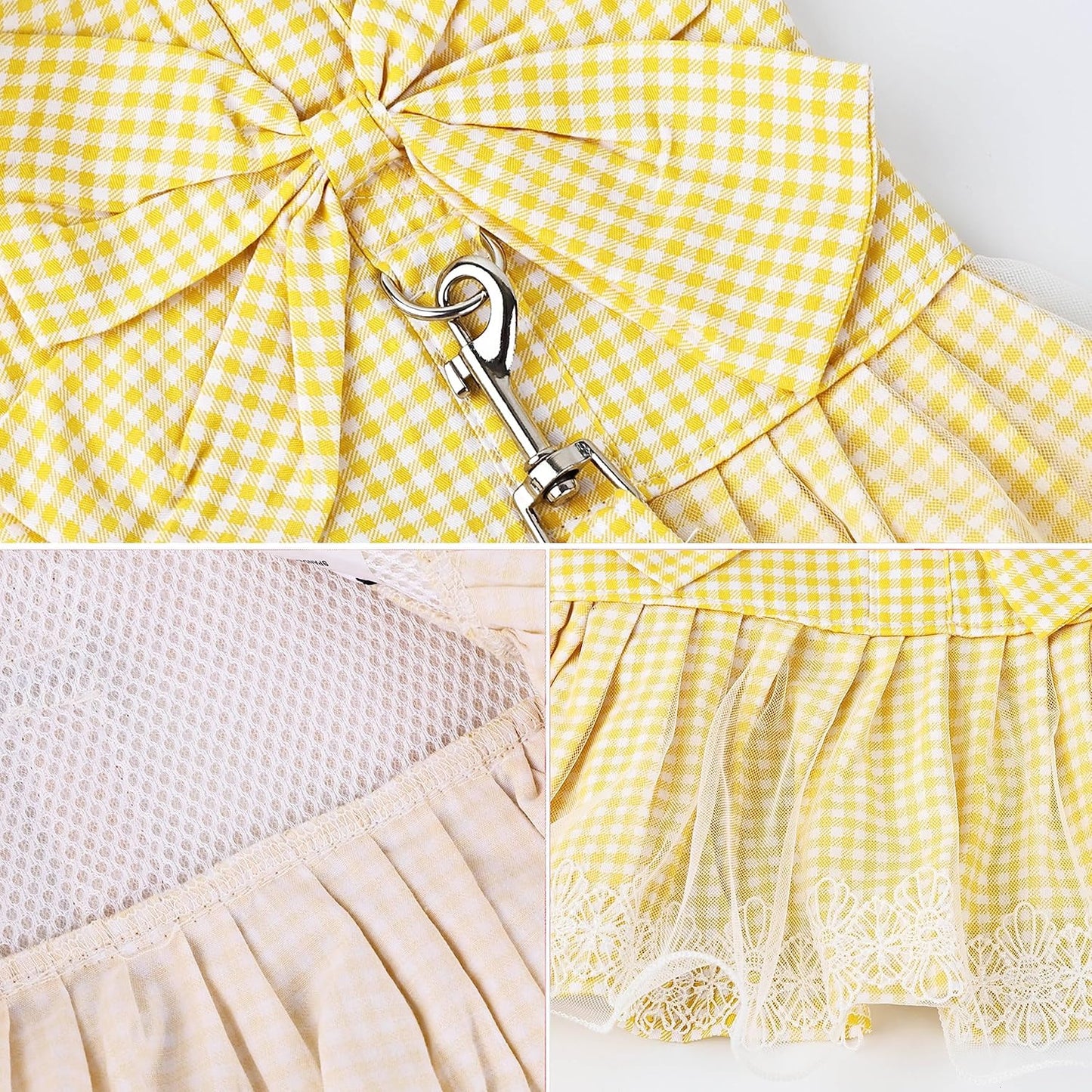 Dog Dress Plaid with Bowknot Cute Dress for Small Dog Cat Puppy Outfits with Harness Leash（ Yellow，X-Large ）