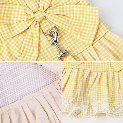 Dog Dress Plaid with Bowknot Cute Dress for Small Dog Cat Puppy Outfits with Harness Leash（ Yellow，X-Large ）