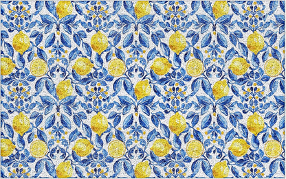 Italian Amalfi Coast Lemon Door Mat,Mediterranean Tiles Lemons Doormat Non-Slip for Front Door Porch Indoor Outside Entrance Entryway, Blue and White Floral Welcome Mat, 17x30 Inch