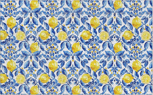 Italian Amalfi Coast Lemon Door Mat,Mediterranean Tiles Lemons Doormat Non-Slip for Front Door Porch Indoor Outside Entrance Entryway, Blue and White Floral Welcome Mat, 17x30 Inch