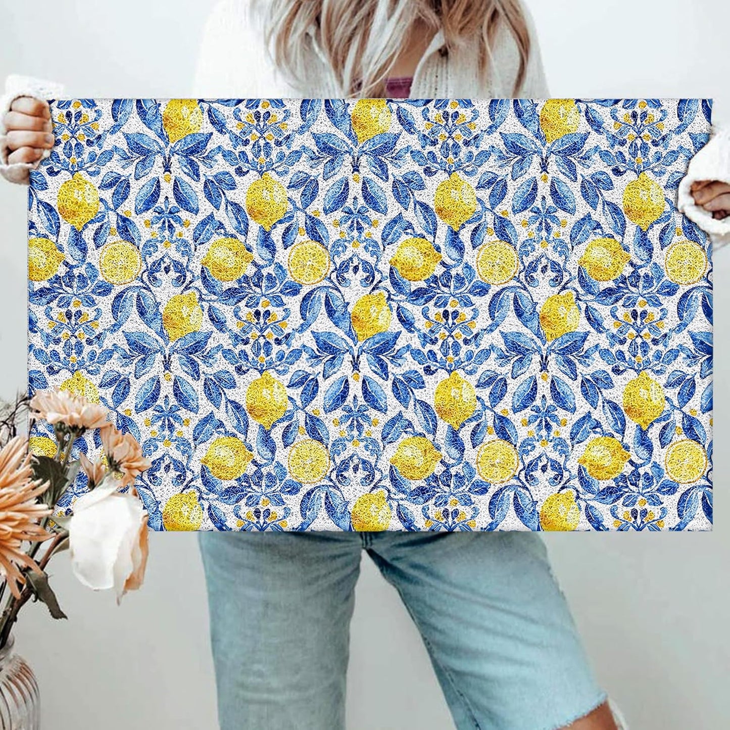 Italian Amalfi Coast Lemon Door Mat,Mediterranean Tiles Lemons Doormat Non-Slip for Front Door Porch Indoor Outside Entrance Entryway, Blue and White Floral Welcome Mat, 17x30 Inch