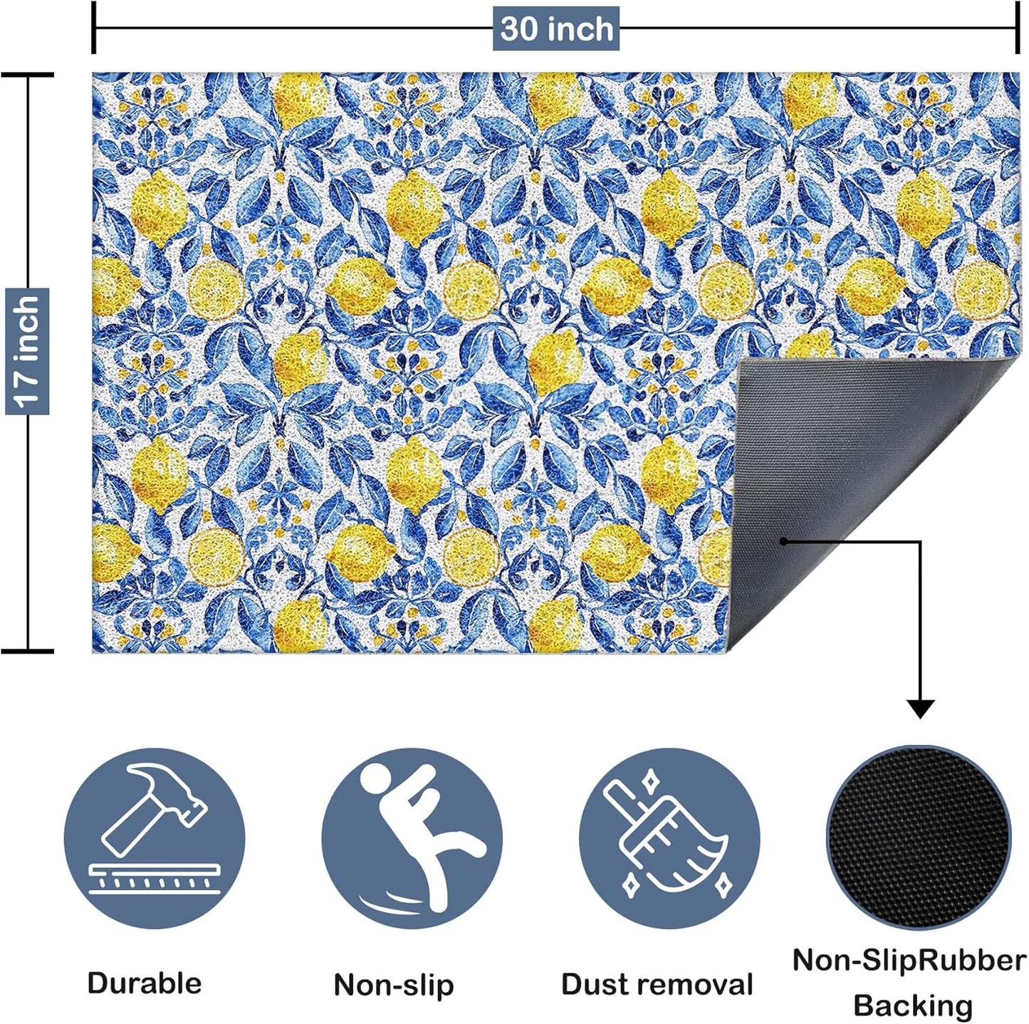 Italian Amalfi Coast Lemon Door Mat,Mediterranean Tiles Lemons Doormat Non-Slip for Front Door Porch Indoor Outside Entrance Entryway, Blue and White Floral Welcome Mat, 17x30 Inch