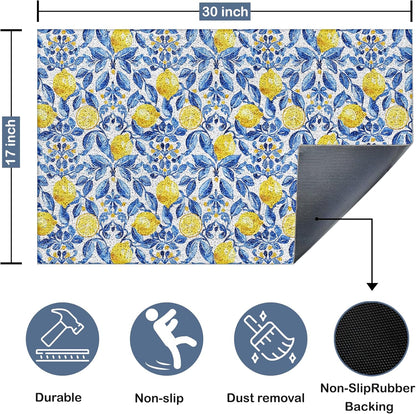 Italian Amalfi Coast Lemon Door Mat,Mediterranean Tiles Lemons Doormat Non-Slip for Front Door Porch Indoor Outside Entrance Entryway, Blue and White Floral Welcome Mat, 17x30 Inch