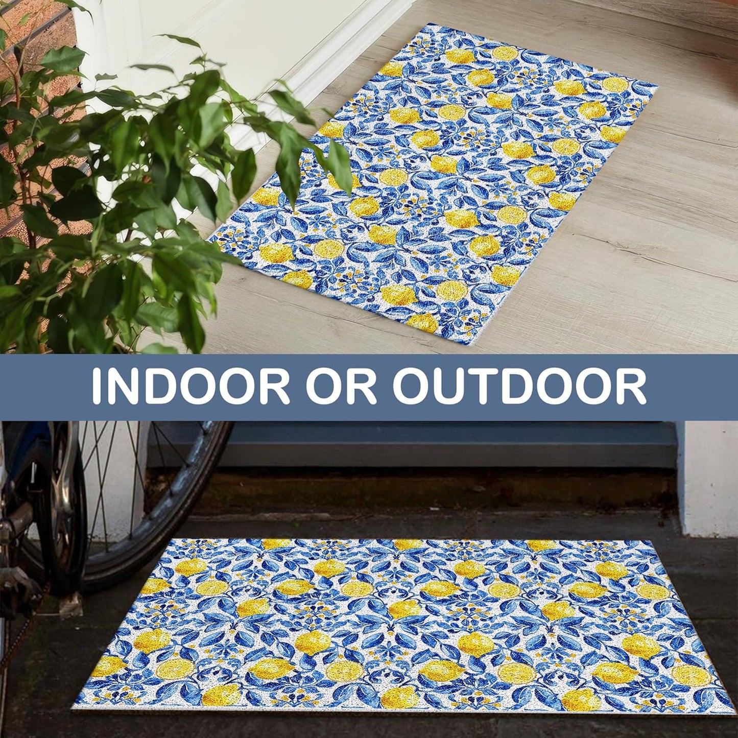 Italian Amalfi Coast Lemon Door Mat,Mediterranean Tiles Lemons Doormat Non-Slip for Front Door Porch Indoor Outside Entrance Entryway, Blue and White Floral Welcome Mat, 17x30 Inch