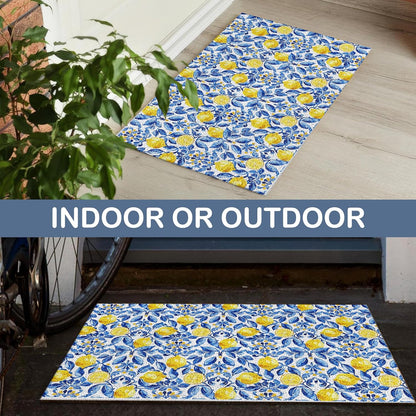 Italian Amalfi Coast Lemon Door Mat,Mediterranean Tiles Lemons Doormat Non-Slip for Front Door Porch Indoor Outside Entrance Entryway, Blue and White Floral Welcome Mat, 17x30 Inch