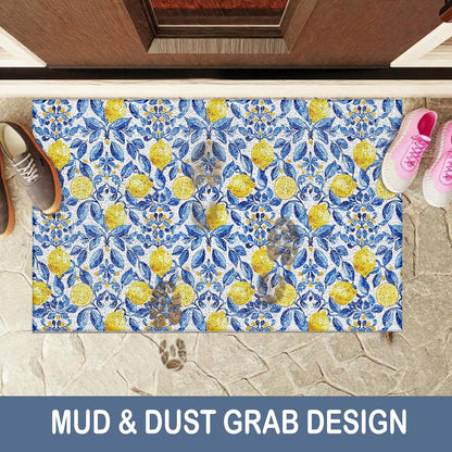 Italian Amalfi Coast Lemon Door Mat,Mediterranean Tiles Lemons Doormat Non-Slip for Front Door Porch Indoor Outside Entrance Entryway, Blue and White Floral Welcome Mat, 17x30 Inch