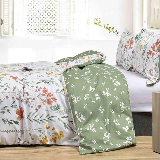 Queen Size Comforter Set, White Yellow Floral, Green Leaf Pattern Print Reversible Down Alternative Bed Sets - 90 x 90 3PC Soft Microfiber Flower Duvet Vintage Farmhouse Bedding in a Bag for Women Men