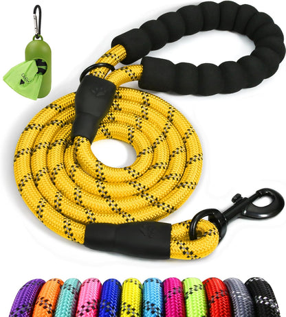 Rope Dog Leash for Medium Large Dogs, 6 FT Padded Handle, Yellow | Climbing Rope for Strong Pullers, Reflective for Night Walks and Training, Comfortable Grip, Anti-tangle Swivel Clip 1/2 inch