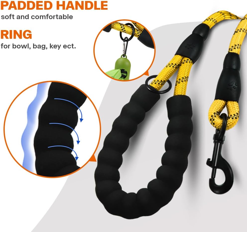 Rope Dog Leash for Medium Large Dogs, 6 FT Padded Handle, Yellow | Climbing Rope for Strong Pullers, Reflective for Night Walks and Training, Comfortable Grip, Anti-tangle Swivel Clip 1/2 inch