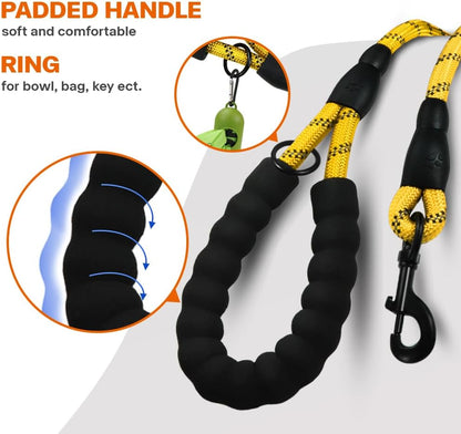 Rope Dog Leash for Medium Large Dogs, 6 FT Padded Handle, Yellow | Climbing Rope for Strong Pullers, Reflective for Night Walks and Training, Comfortable Grip, Anti-tangle Swivel Clip 1/2 inch