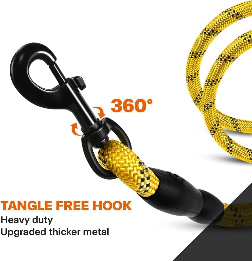 Rope Dog Leash for Medium Large Dogs, 6 FT Padded Handle, Yellow | Climbing Rope for Strong Pullers, Reflective for Night Walks and Training, Comfortable Grip, Anti-tangle Swivel Clip 1/2 inch