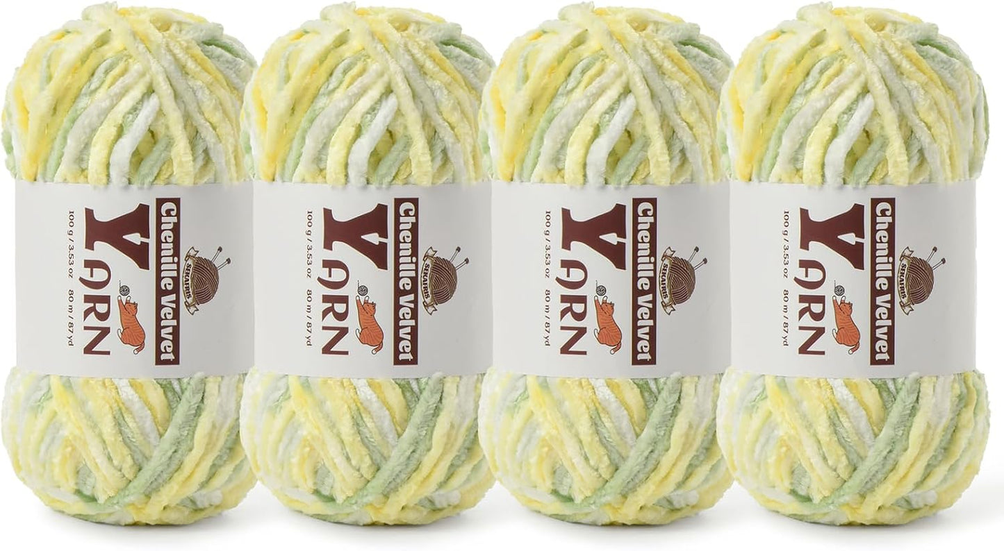 Chenille Crochet Greenish Yellow Yarn 4 Pack | Fluffy Velvet Yarn Blanket Knitting Yarn for Crocheting Soft Baby Yarn
