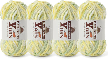 Chenille Crochet Greenish Yellow Yarn 4 Pack | Fluffy Velvet Yarn Blanket Knitting Yarn for Crocheting Soft Baby Yarn