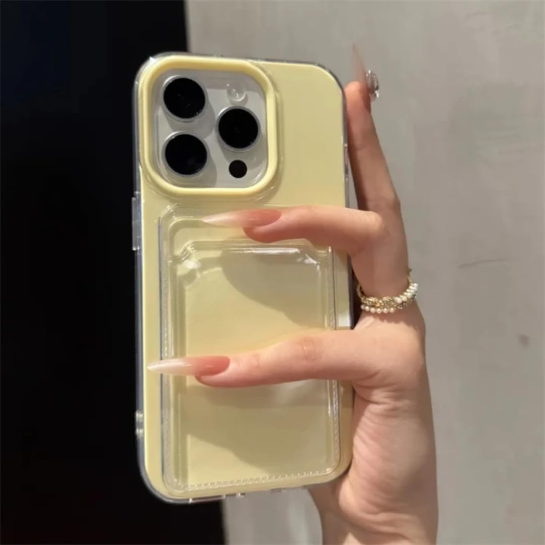 for iPhone 16 2in1 Card Holder Slot Wallet Photo Pocket Clear Candy Color Case TPU+pc Shockproof Cover(for iPhone 16/Cream Yellow)