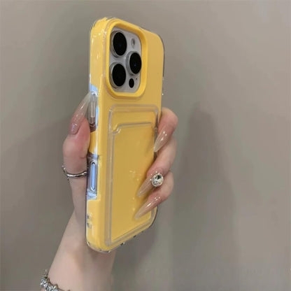 for iPhone 16 2in1 Card Holder Slot Wallet Photo Pocket Clear Candy Color Case TPU+pc Shockproof Cover(for iPhone 16/Cream Yellow)