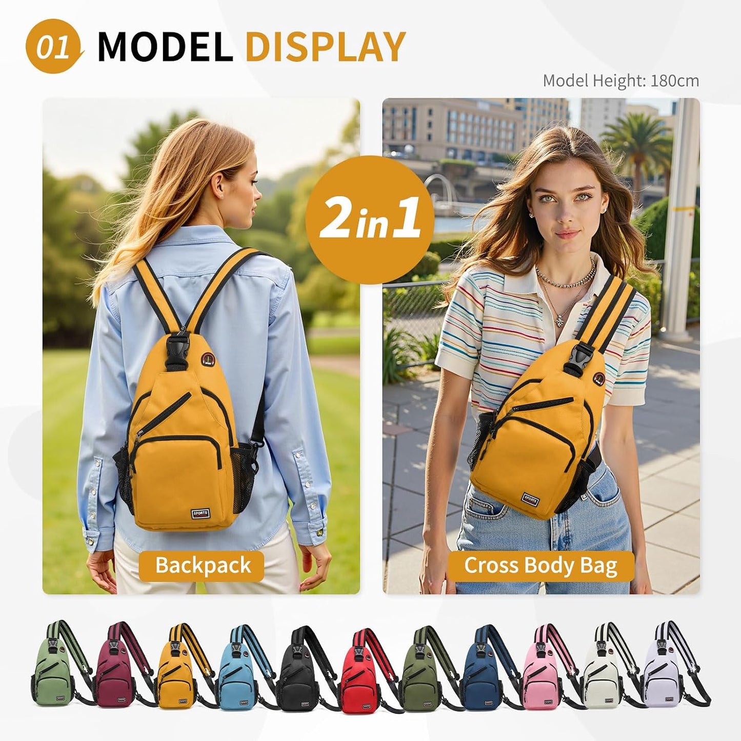 Convertible Sling Bag for Women Men Fit for 7.9" Tablet Yellow | Lightweight Mini Crossbody Backpack Daypack Anti-theft with Water Bottle Holder for Casual Travel Sport Hiking