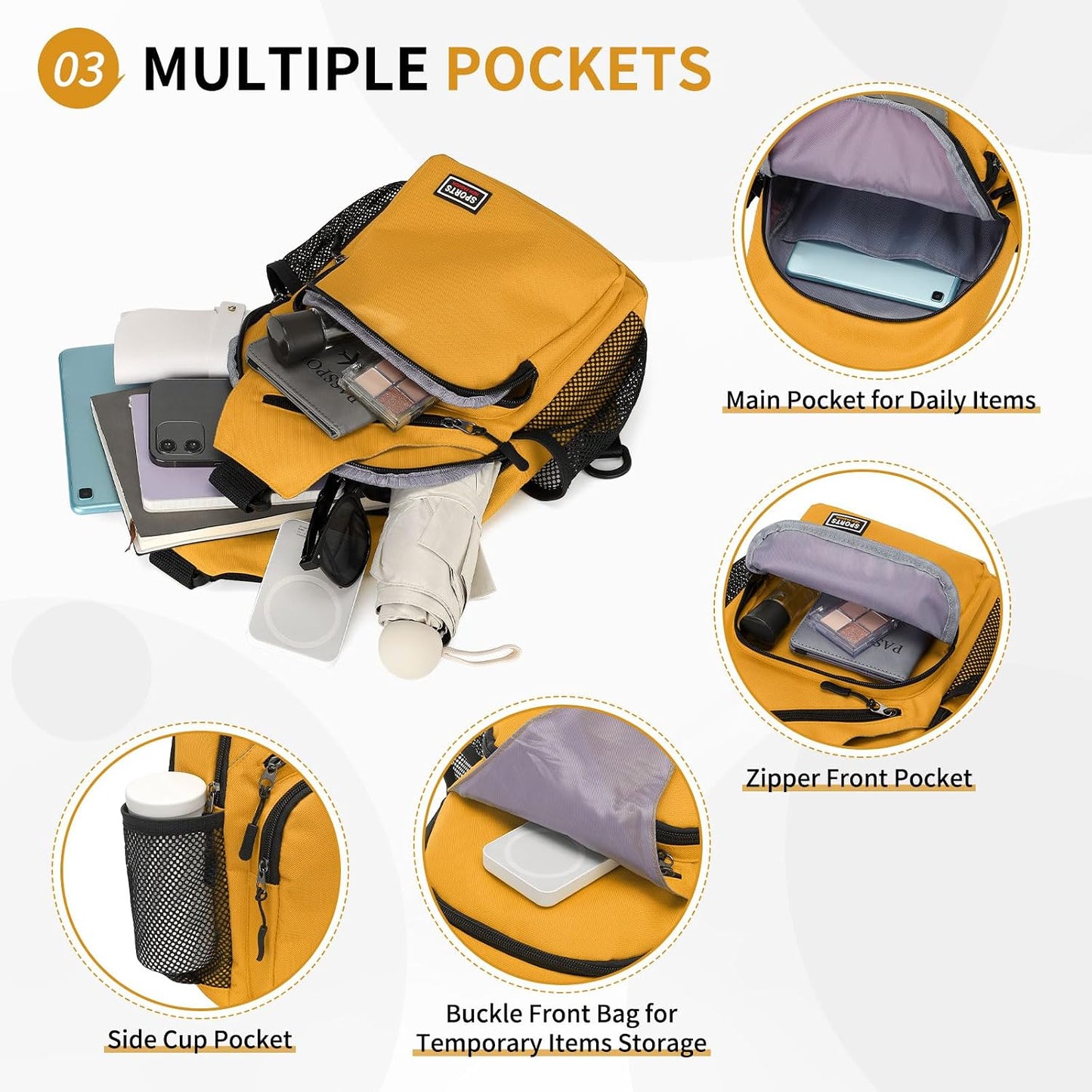 Convertible Sling Bag for Women Men Fit for 7.9" Tablet Yellow | Lightweight Mini Crossbody Backpack Daypack Anti-theft with Water Bottle Holder for Casual Travel Sport Hiking