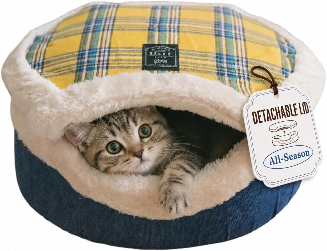 Cat Bed Cave - Enclosed Hideaway with Detachable Lid for Kitten (Yellow) | Covered round house, Removable top, Separate liner, Cozy privacy nook, Apartment-friendly shelter, Easy cleaning setup