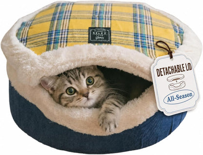 Cat Bed Cave - Enclosed Hideaway with Detachable Lid for Kitten (Yellow) | Covered round house, Removable top, Separate liner, Cozy privacy nook, Apartment-friendly shelter, Easy cleaning setup