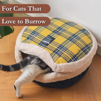 Cat Bed Cave - Enclosed Hideaway with Detachable Lid for Kitten (Yellow) | Covered round house, Removable top, Separate liner, Cozy privacy nook, Apartment-friendly shelter, Easy cleaning setup