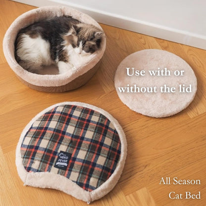 Cat Bed Cave - Enclosed Hideaway with Detachable Lid for Kitten (Yellow) | Covered round house, Removable top, Separate liner, Cozy privacy nook, Apartment-friendly shelter, Easy cleaning setup