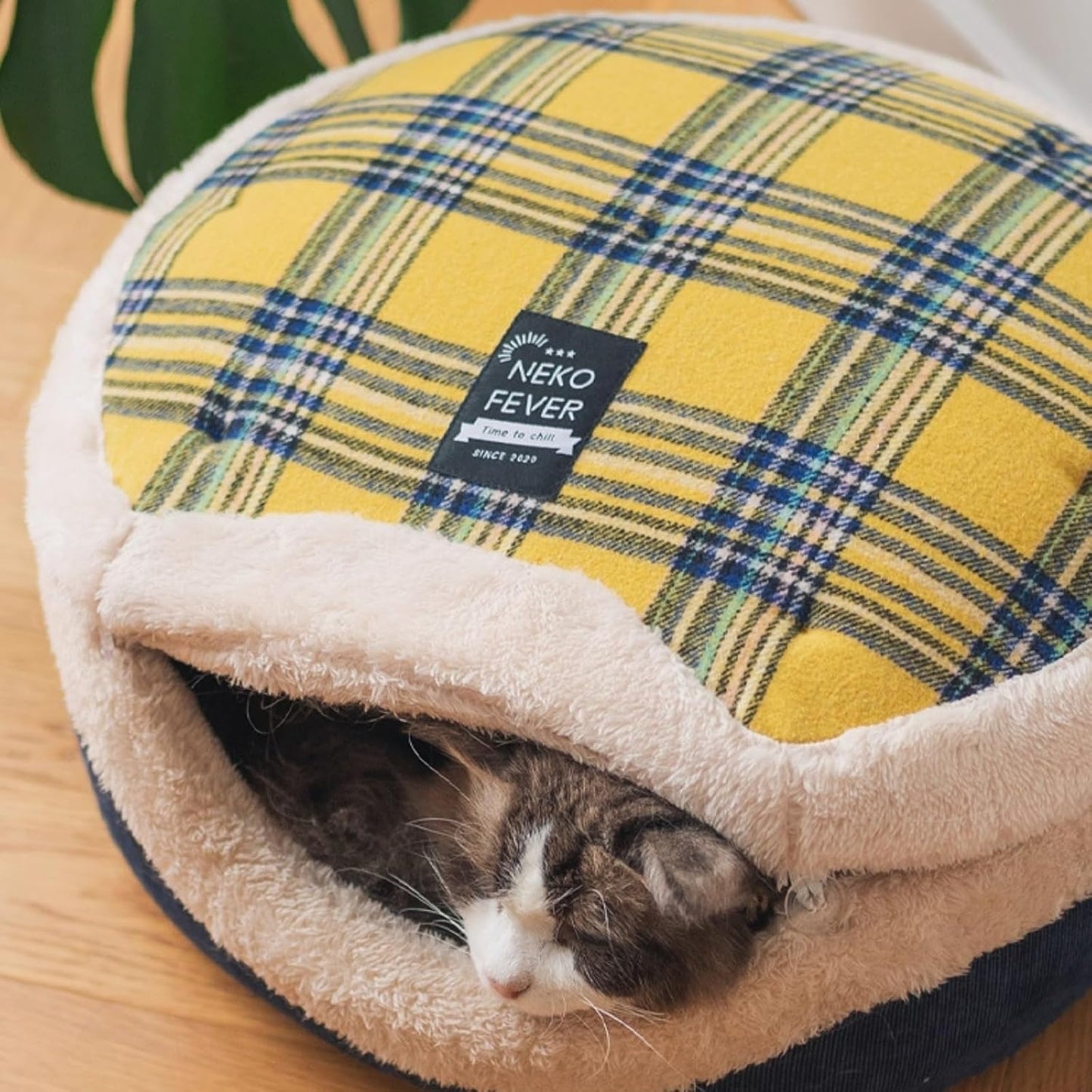 Cat Bed Cave - Enclosed Hideaway with Detachable Lid for Kitten (Yellow) | Covered round house, Removable top, Separate liner, Cozy privacy nook, Apartment-friendly shelter, Easy cleaning setup
