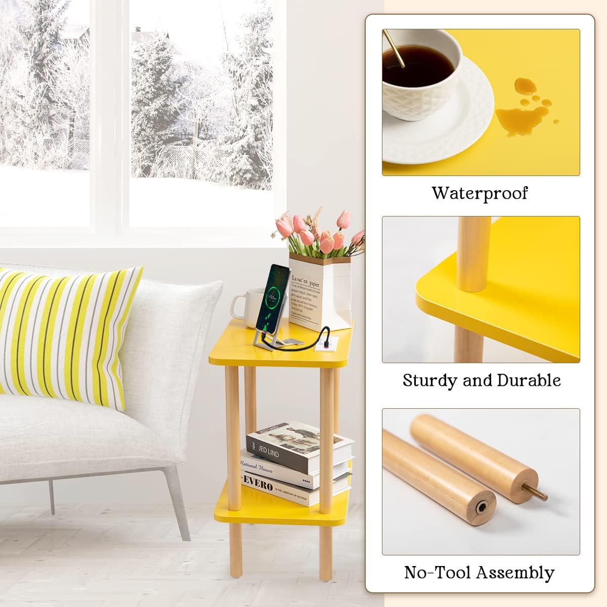 End Table Nightstand with USB Ports and Outlets | Clean Scandinavian-inspired design, USB &outlets, lightweight and portable, scratch-resistant coating, holds up to 50 lbs