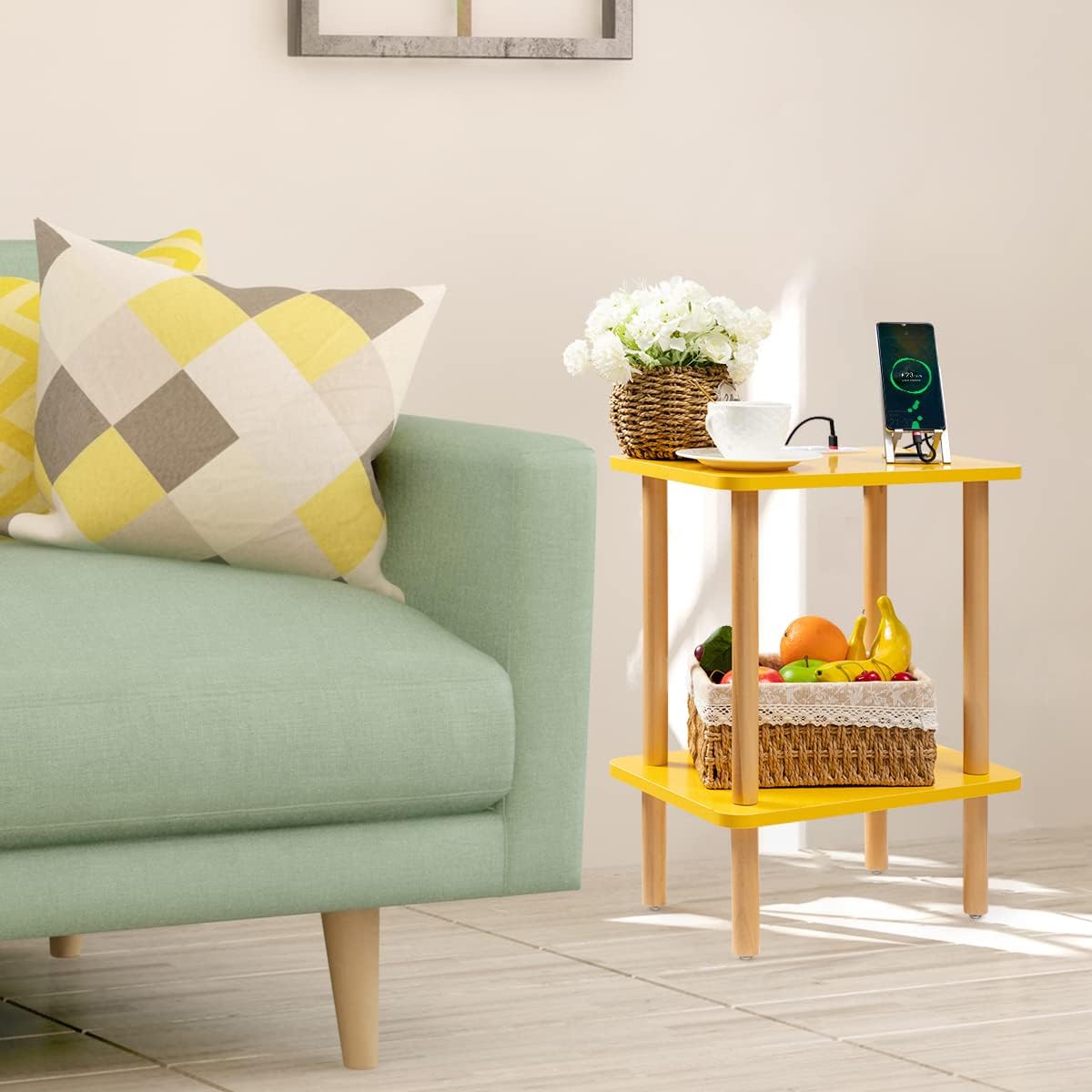 End Table Nightstand with USB Ports and Outlets | Clean Scandinavian-inspired design, USB &outlets, lightweight and portable, scratch-resistant coating, holds up to 50 lbs