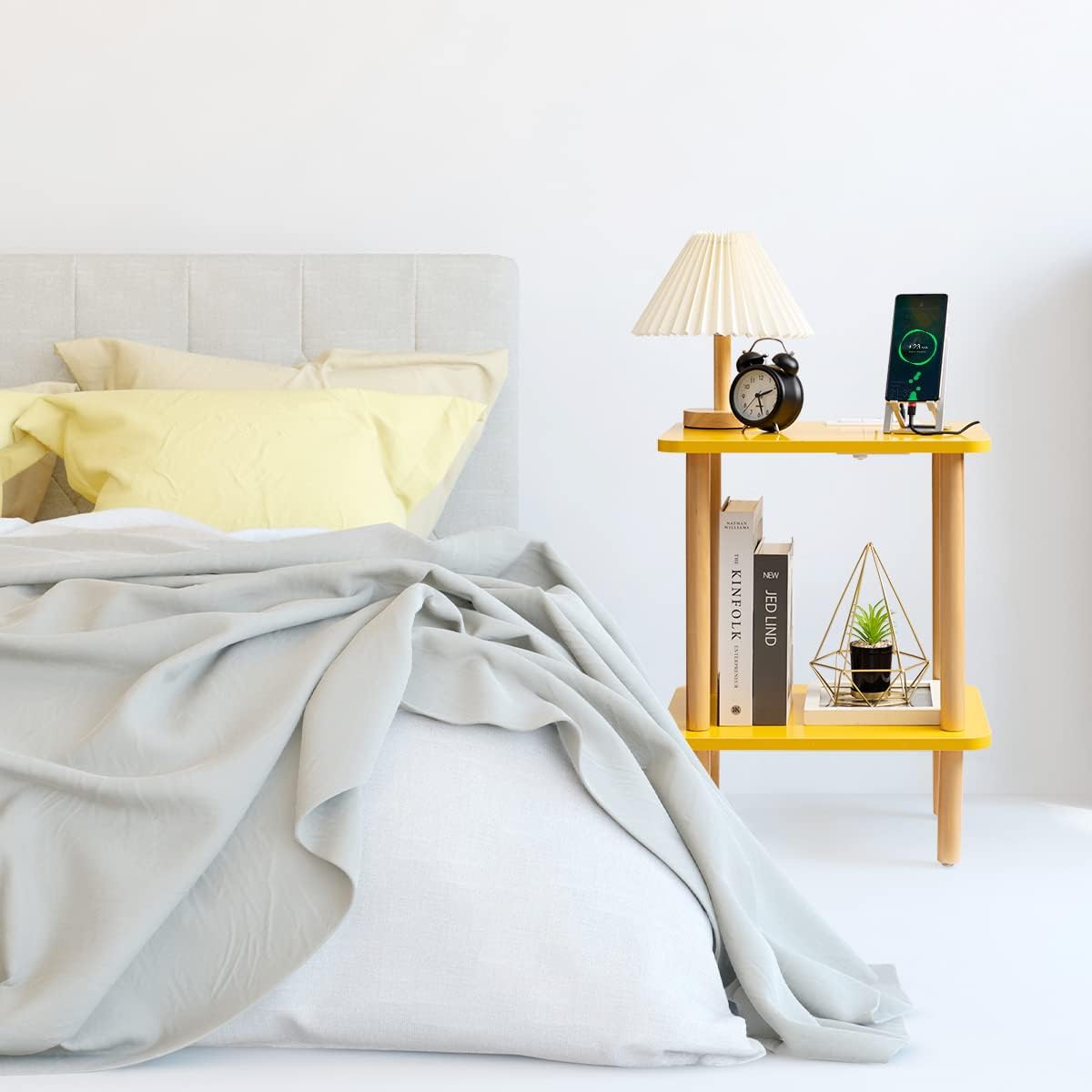 End Table Nightstand with USB Ports and Outlets | Clean Scandinavian-inspired design, USB &outlets, lightweight and portable, scratch-resistant coating, holds up to 50 lbs