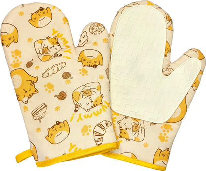 Non-Slip Silicone Oven Mitts Pair Cute BPA-Free Oven Mitts for Heat Resistant 500 Degrees Washable Kitchen Mittens with Cotton Lining for Cooking Baking Grilling (Light Yellow)