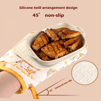 Non-Slip Silicone Oven Mitts Pair Cute BPA-Free Oven Mitts for Heat Resistant 500 Degrees Washable Kitchen Mittens with Cotton Lining for Cooking Baking Grilling (Light Yellow)