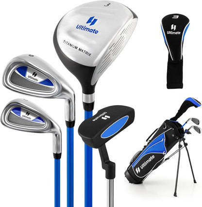 Kids Golf Clubs, Junior Golf Set for Right Hand Includes #3 Fairway Wood & #7 & #9 Irons, Putter & Golf Stand Bag, Portable Youth Children Club