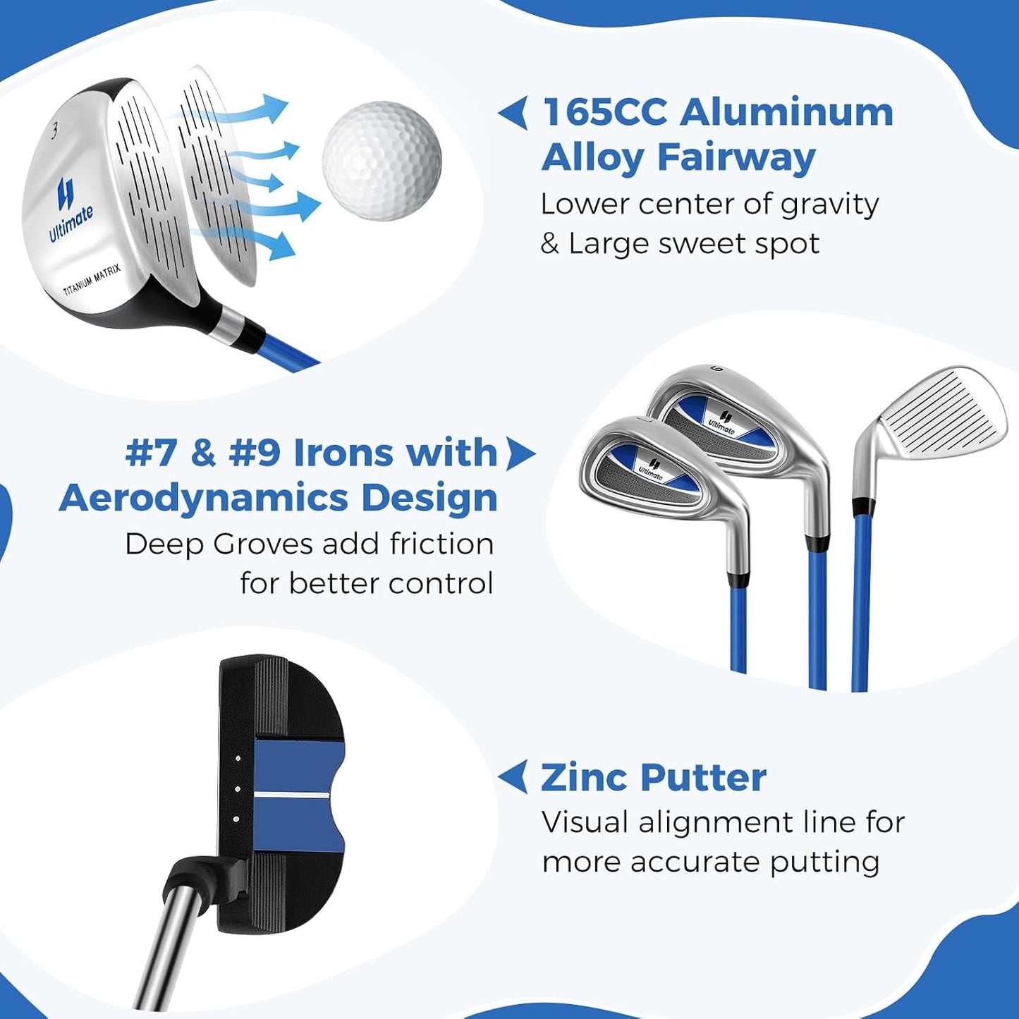 Kids Golf Clubs, Junior Golf Set for Right Hand Includes #3 Fairway Wood & #7 & #9 Irons, Putter & Golf Stand Bag, Portable Youth Children Club
