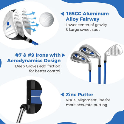 Kids Golf Clubs, Junior Golf Set for Right Hand Includes #3 Fairway Wood & #7 & #9 Irons, Putter & Golf Stand Bag, Portable Youth Children Club