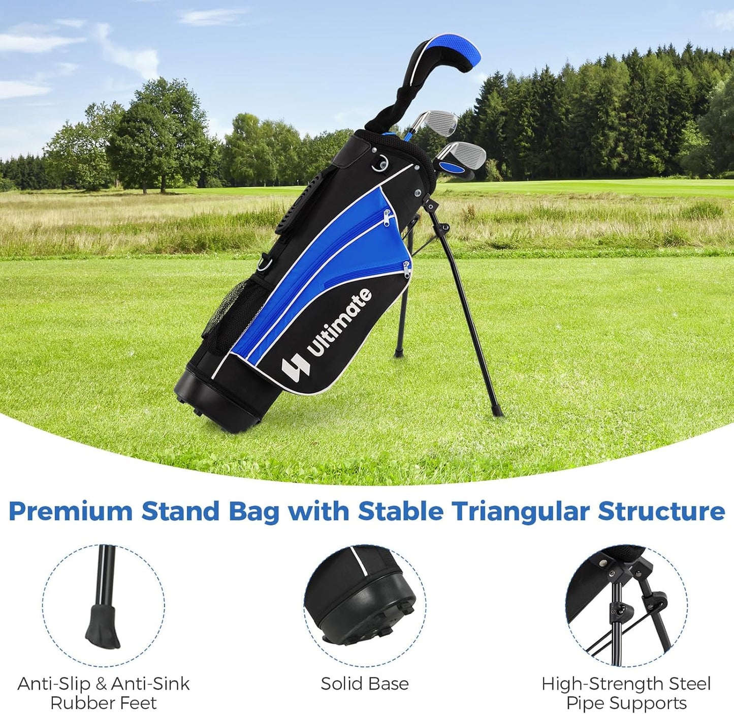 Kids Golf Clubs, Junior Golf Set for Right Hand Includes #3 Fairway Wood & #7 & #9 Irons, Putter & Golf Stand Bag, Portable Youth Children Club