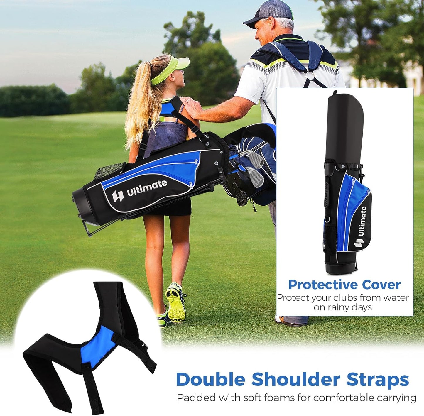 Kids Golf Clubs, Junior Golf Set for Right Hand Includes #3 Fairway Wood & #7 & #9 Irons, Putter & Golf Stand Bag, Portable Youth Children Club