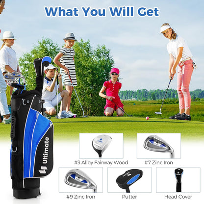 Kids Golf Clubs, Junior Golf Set for Right Hand Includes #3 Fairway Wood & #7 & #9 Irons, Putter & Golf Stand Bag, Portable Youth Children Club