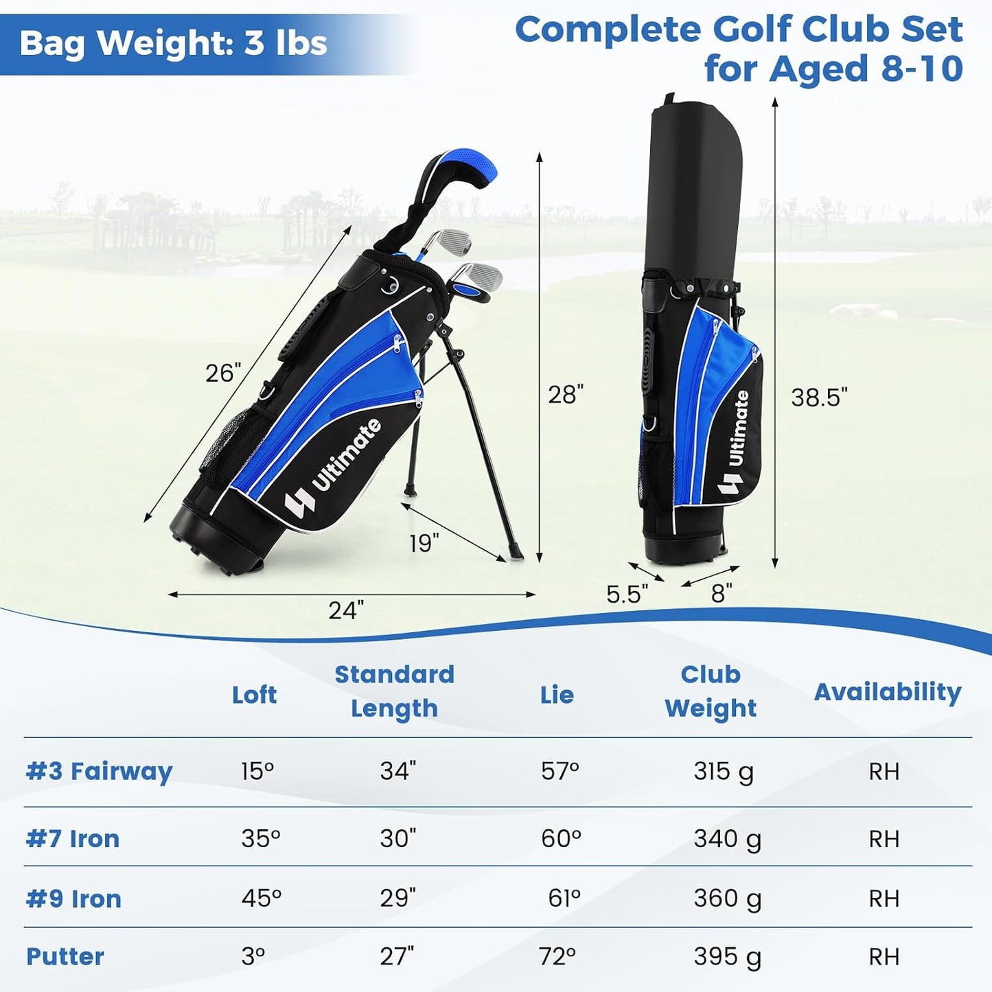 Kids Golf Clubs, Junior Golf Set for Right Hand Includes #3 Fairway Wood & #7 & #9 Irons, Putter & Golf Stand Bag, Portable Youth Children Club