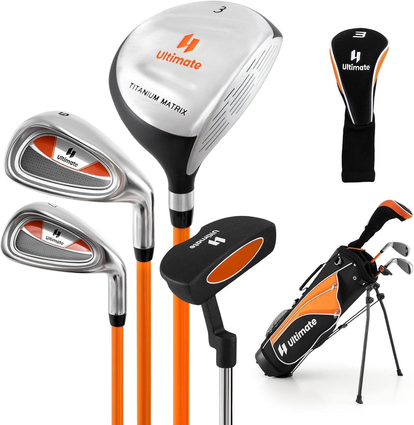 Kids Golf Clubs, Junior Golf Set for Right Hand Includes #3 Fairway Wood & #7 & #9 Irons, Putter & Golf Stand Bag, Portable Youth Children Club