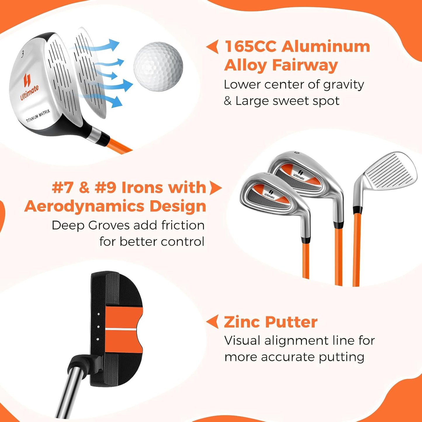 Kids Golf Clubs, Junior Golf Set for Right Hand Includes #3 Fairway Wood & #7 & #9 Irons, Putter & Golf Stand Bag, Portable Youth Children Club