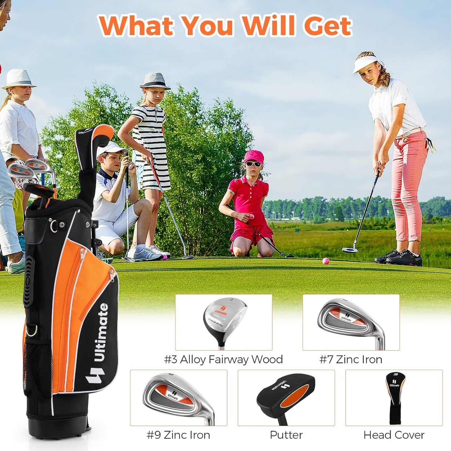 Kids Golf Clubs, Junior Golf Set for Right Hand Includes #3 Fairway Wood & #7 & #9 Irons, Putter & Golf Stand Bag, Portable Youth Children Club