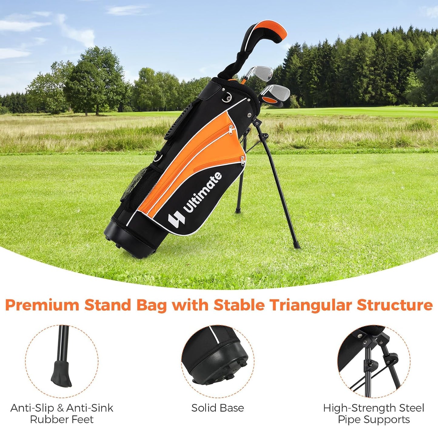 Kids Golf Clubs, Junior Golf Set for Right Hand Includes #3 Fairway Wood & #7 & #9 Irons, Putter & Golf Stand Bag, Portable Youth Children Club