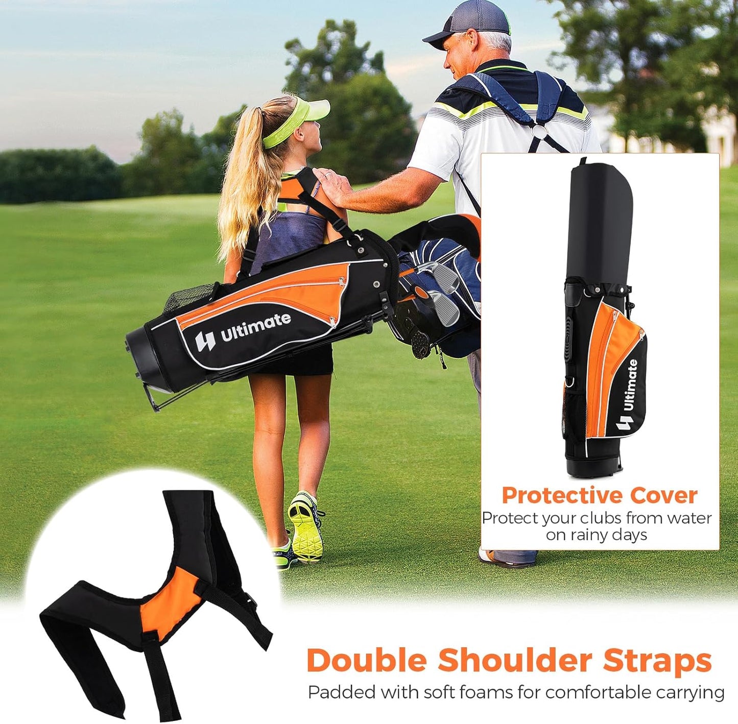 Kids Golf Clubs, Junior Golf Set for Right Hand Includes #3 Fairway Wood & #7 & #9 Irons, Putter & Golf Stand Bag, Portable Youth Children Club